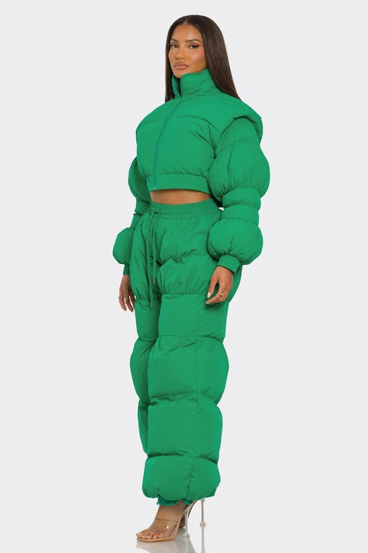 Green Puffy Pants Set