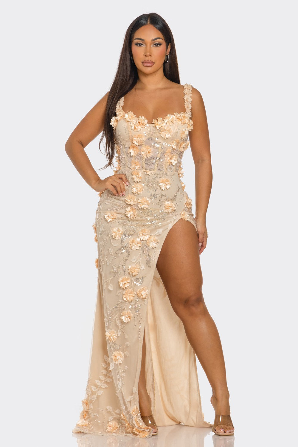 Sequin 3D Floral Embellished Midi Dress- Peach