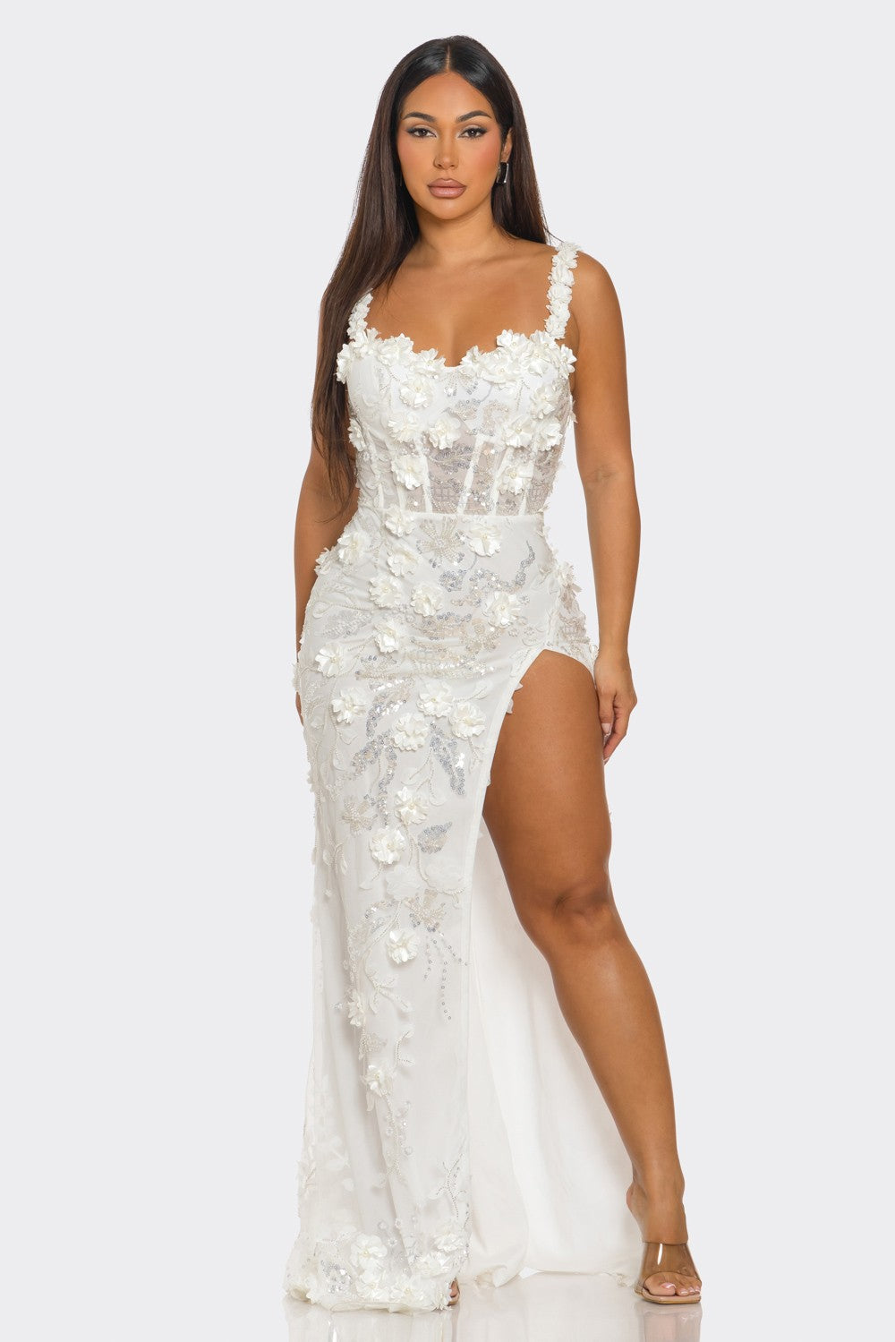 Sequin 3D Floral Embellished Midi Dress- White