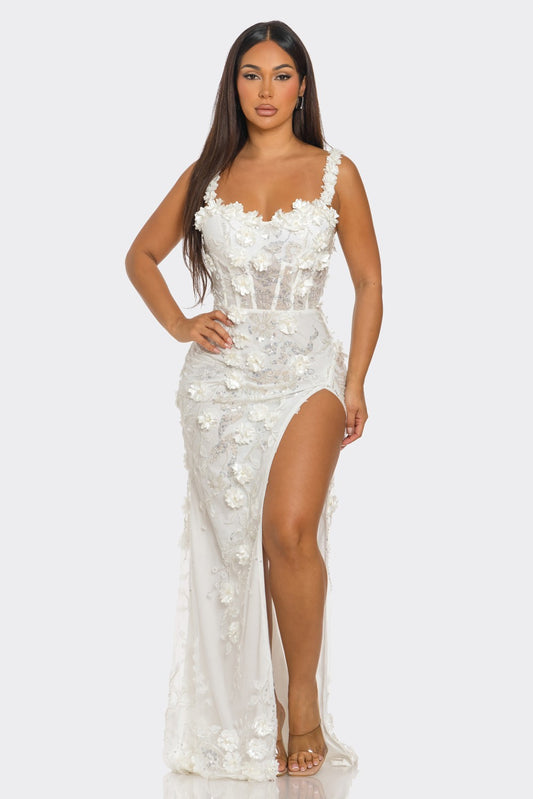 Sequin 3D Floral Embellished Midi Dress- White