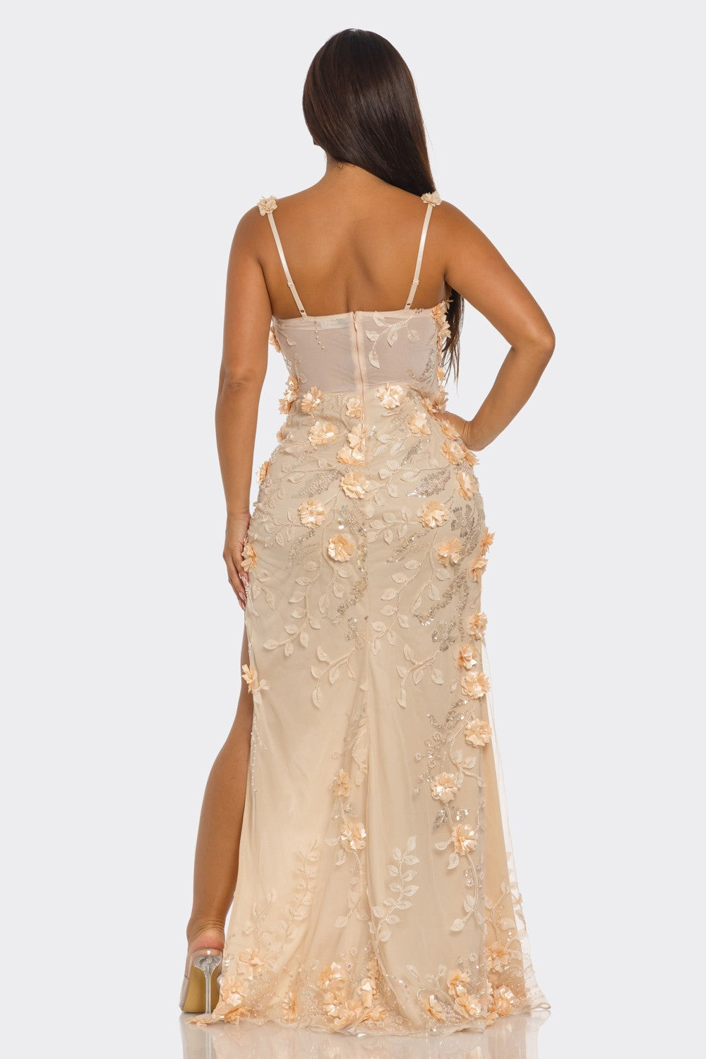 Sequin 3D Floral Embellished Midi Dress- Peach