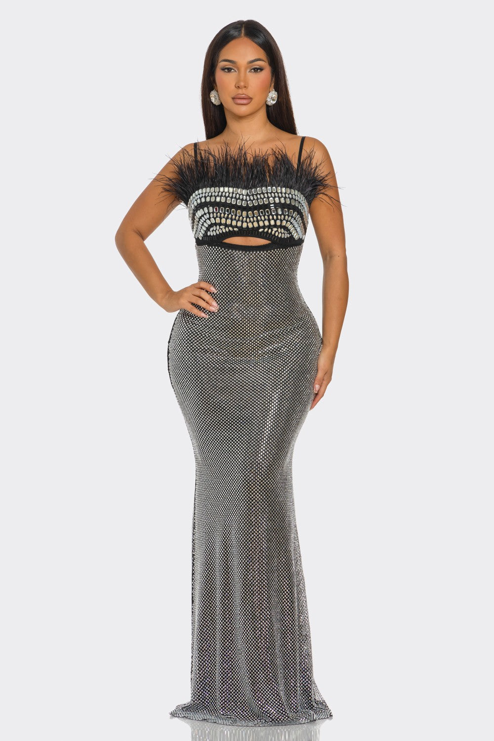 Rhinestone Embellished Shimmering Maxi Dress- Black