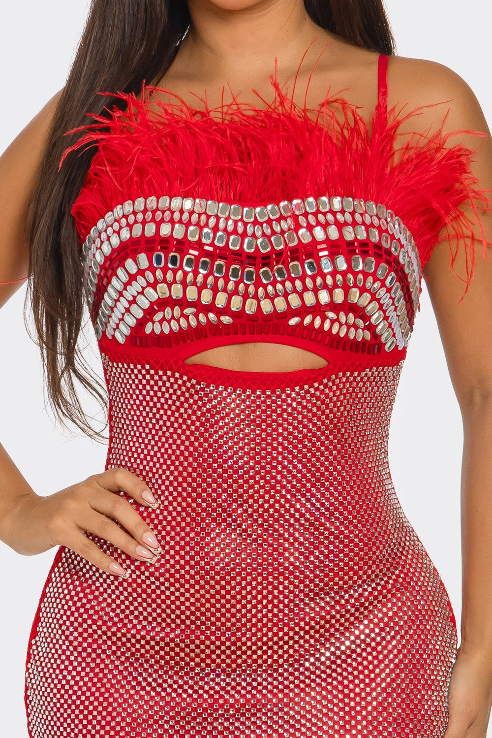 Rhinestone Embellished Shimmering Maxi Dress- Red