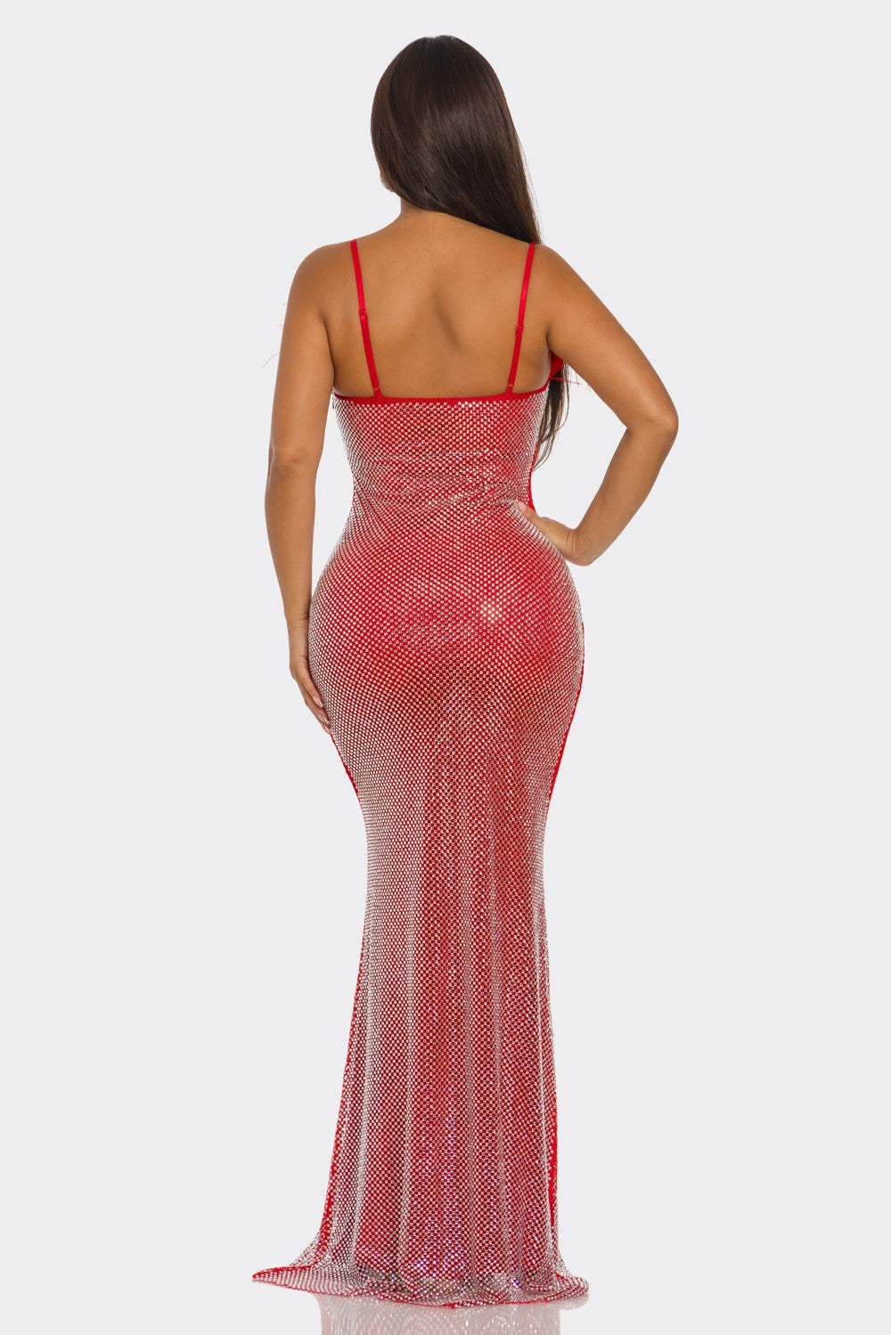 Rhinestone Embellished Shimmering Maxi Dress- Red