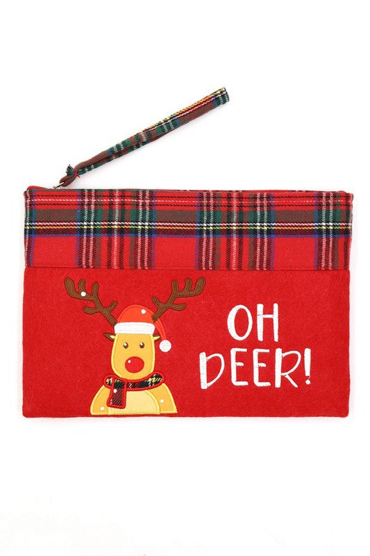 Embroidered Reindeer Christmas Holiday Pouch