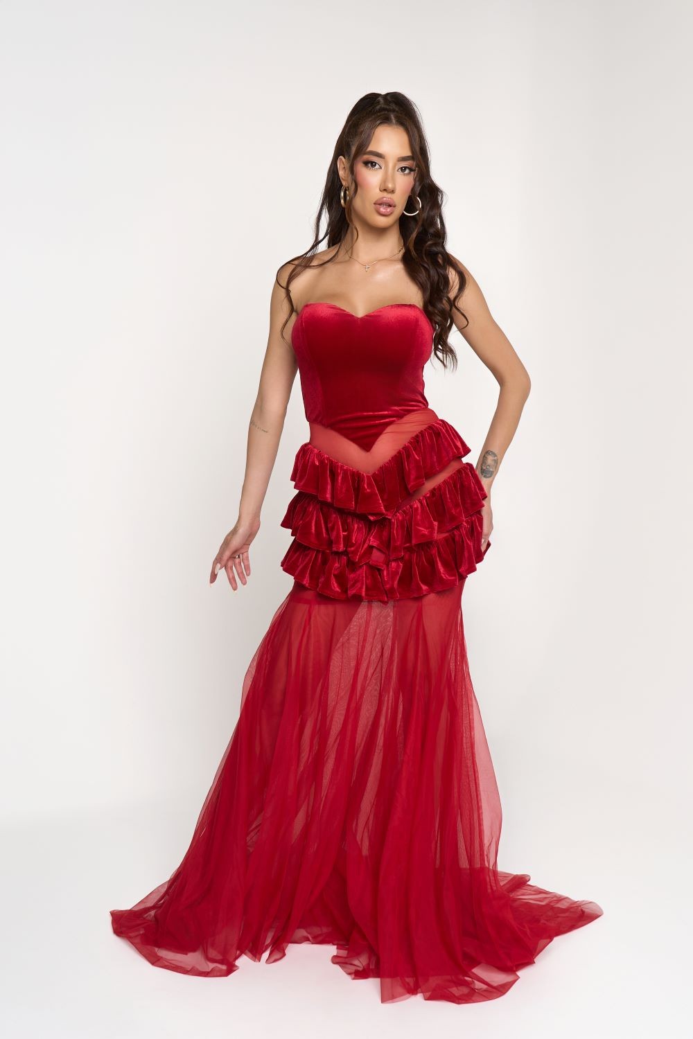 Ruffled Skirt Detailed Maxi Dress- Red