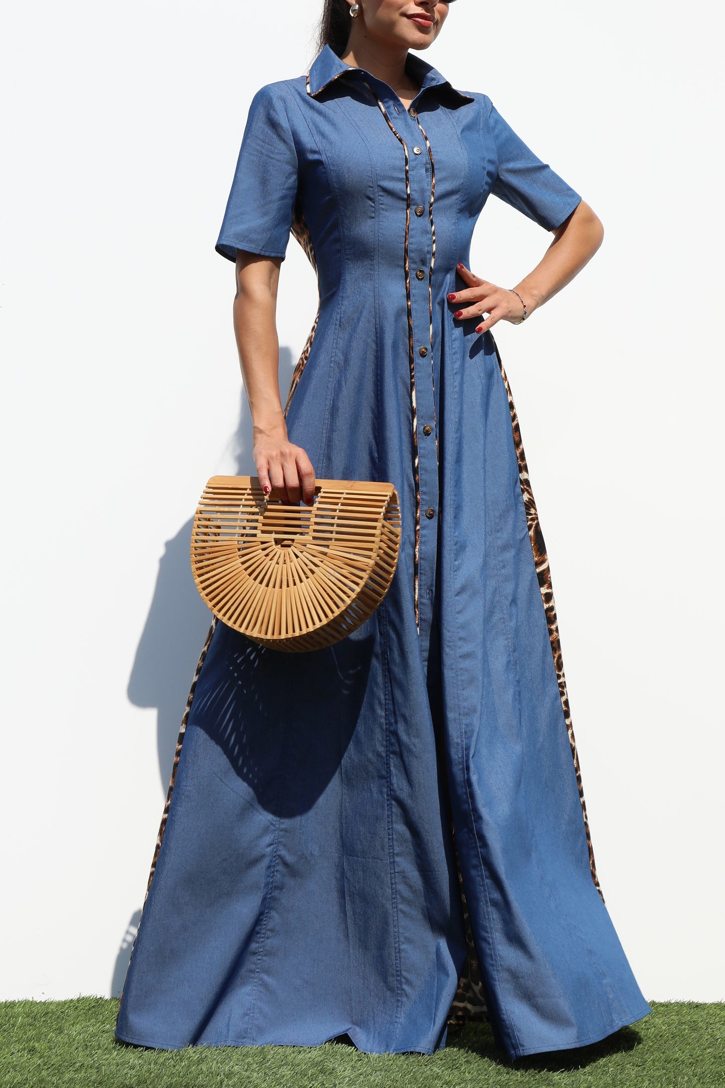 Animal Print on Denim Maxi Dress