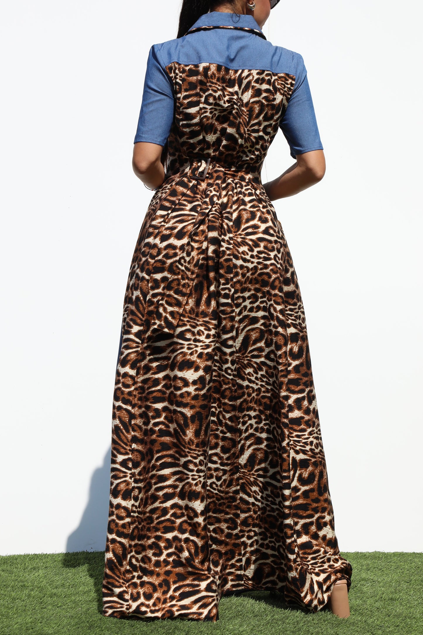 Animal Print on Denim Maxi Dress