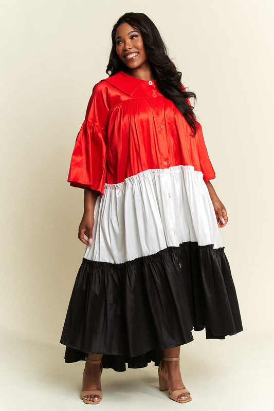 Plus Size Colorblock Flare Sleeve Pleated Tiered Flare Dress