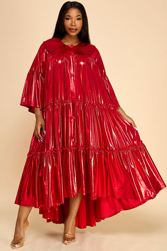 Plus Size Flare Sleeve Metallic Pleated Tiered Flare Dress- Red/Silver/Gold
