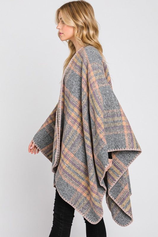 Overcast Stitch Plaid Print Ruana Cardigan- 2 Colors
