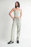 VEST WITH HOOK AND EYE FRONT CLOSURE & DISTRESSED WIDE LEG PANTS