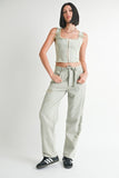 VEST WITH HOOK AND EYE FRONT CLOSURE & DISTRESSED WIDE LEG PANTS