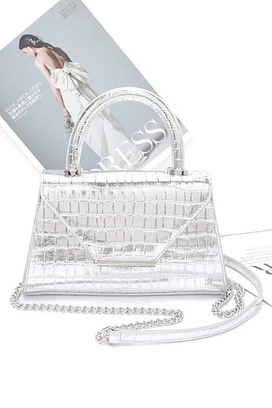 Croc Embossed Metallic Top Handle Bag- 2 Colors