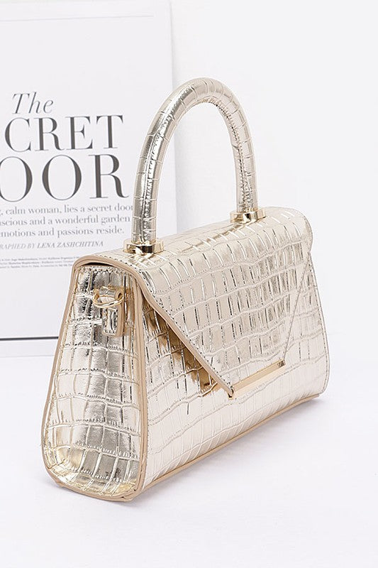 Croc Embossed Metallic Top Handle Bag- 2 Colors