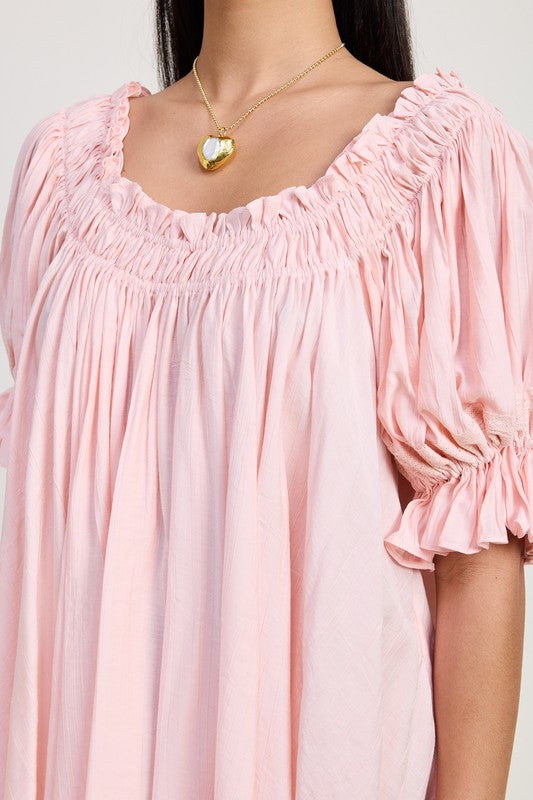 BABY PINK MINI EMBROIDERY SHORT PUFF SLEEVE DRESS