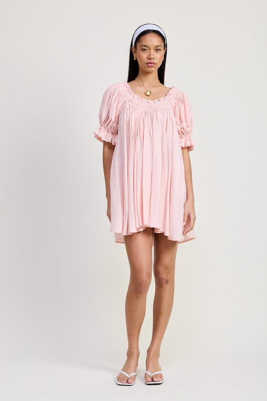 BABY PINK MINI EMBROIDERY SHORT PUFF SLEEVE DRESS