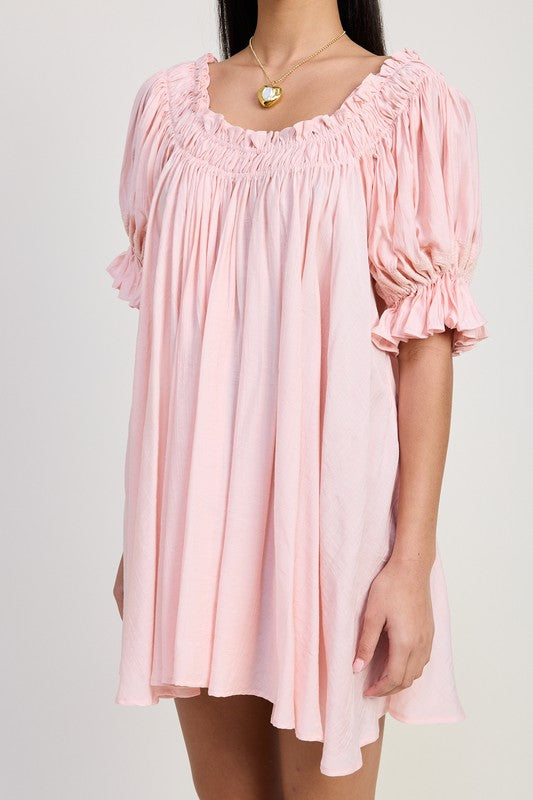BABY PINK MINI EMBROIDERY SHORT PUFF SLEEVE DRESS