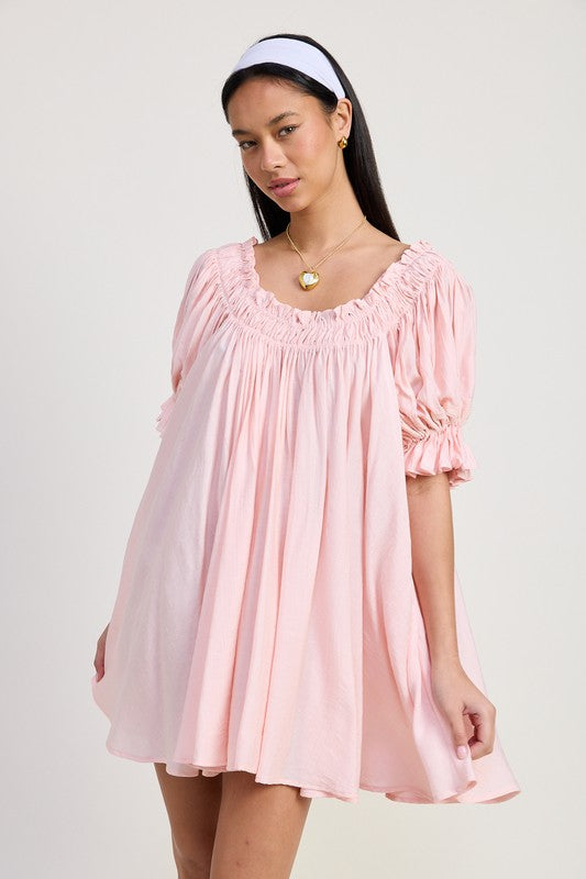 BABY PINK MINI EMBROIDERY SHORT PUFF SLEEVE DRESS