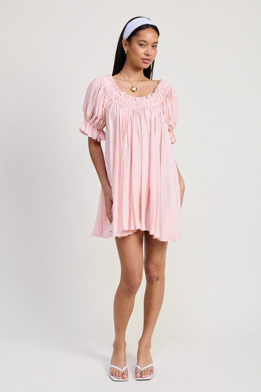 BABY PINK MINI EMBROIDERY SHORT PUFF SLEEVE DRESS