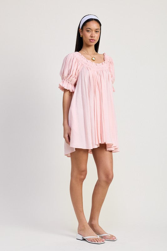 BABY PINK MINI EMBROIDERY SHORT PUFF SLEEVE DRESS