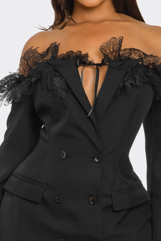 Off-Shoulder Lace Blazer Dress- 2 Colors