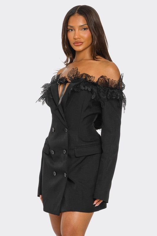Off-Shoulder Lace Blazer Dress- 2 Colors