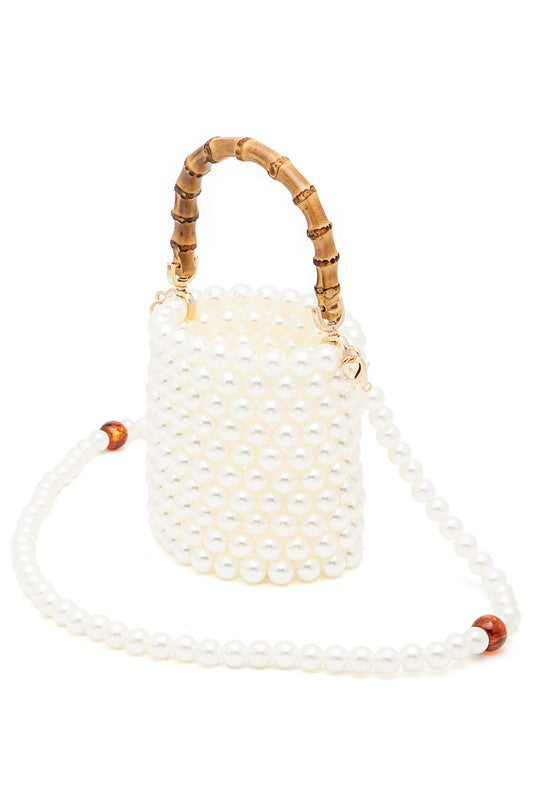Bamboo Top Handle Beaded Bucket Clutch Bag- 3 Colors