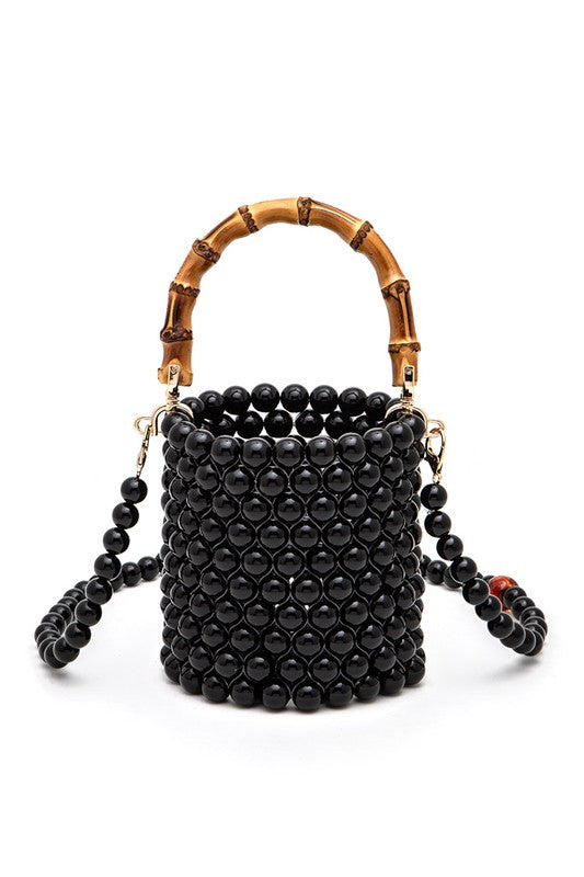 Bamboo Top Handle Beaded Bucket Clutch Bag- 3 Colors