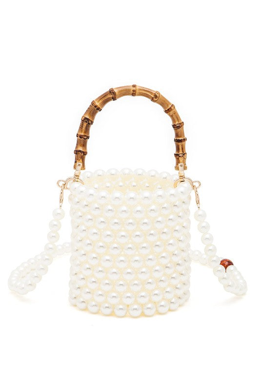 Bamboo Top Handle Beaded Bucket Clutch Bag- 3 Colors