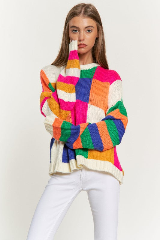 Multi Color Blocked Checker Pullover Sweater Top