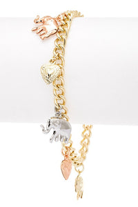 Elephant Heart Mix Charm 3 Tone Bracelet