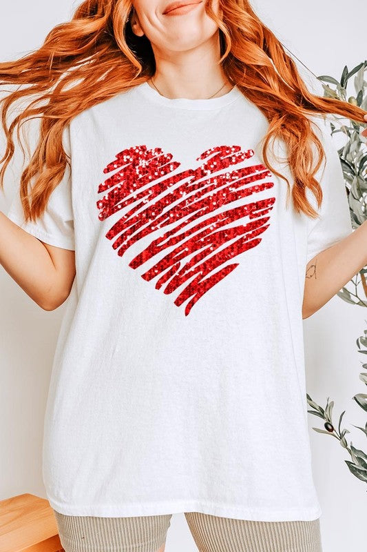 Plus Size Faux Sequins Heart Graphic Heavy Cotton Tee