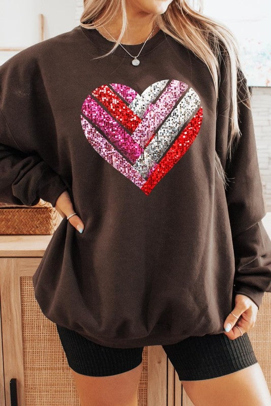 Plus Size Faux Sequins Striped Heart Graphic Sweatshirt- 15 Colors