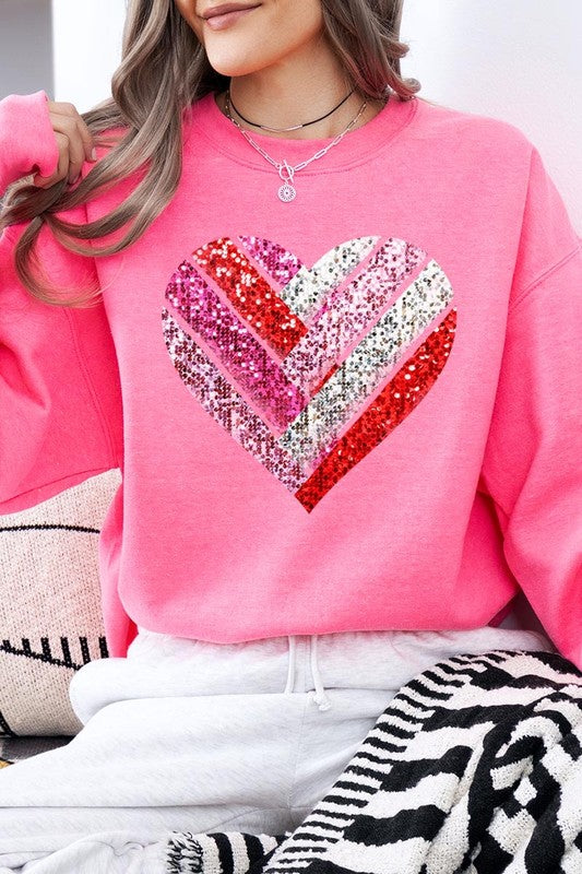 Plus Size Faux Sequins Striped Heart Graphic Sweatshirt- 15 Colors