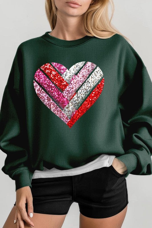 Plus Size Faux Sequins Striped Heart Graphic Sweatshirt- 15 Colors