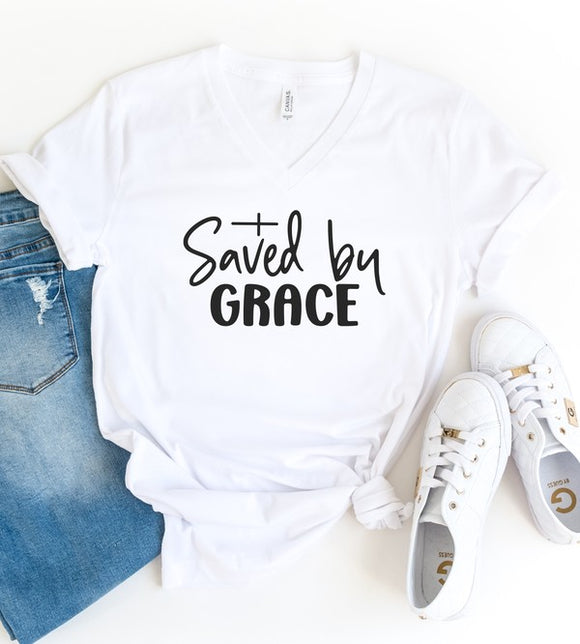 Plus Size Saved By Grace V-Neck Graphic Tee- 5 Colors