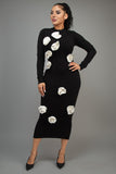 3D White Flower Petal Midi Black Dress