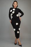 3D White Flower Petal Midi Black Dress