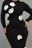 3D White Flower Petal Midi Black Dress