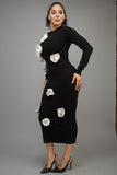 3D White Flower Petal Midi Black Dress