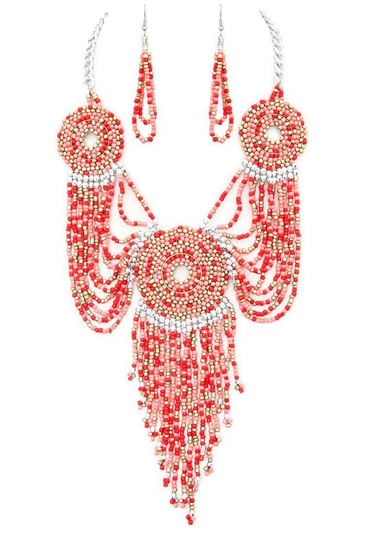 Seed Beads Medallion Statement Necklace Set- 2 Colors