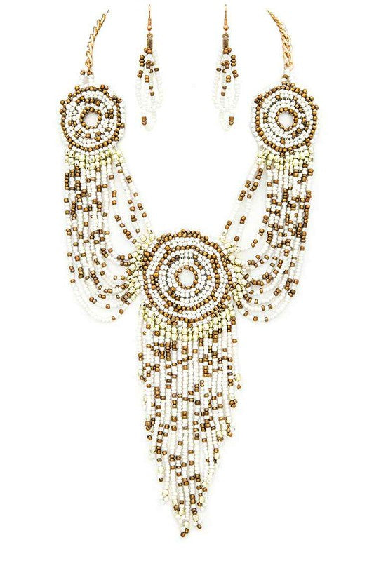 Seed Beads Medallion Statement Necklace Set- 2 Colors