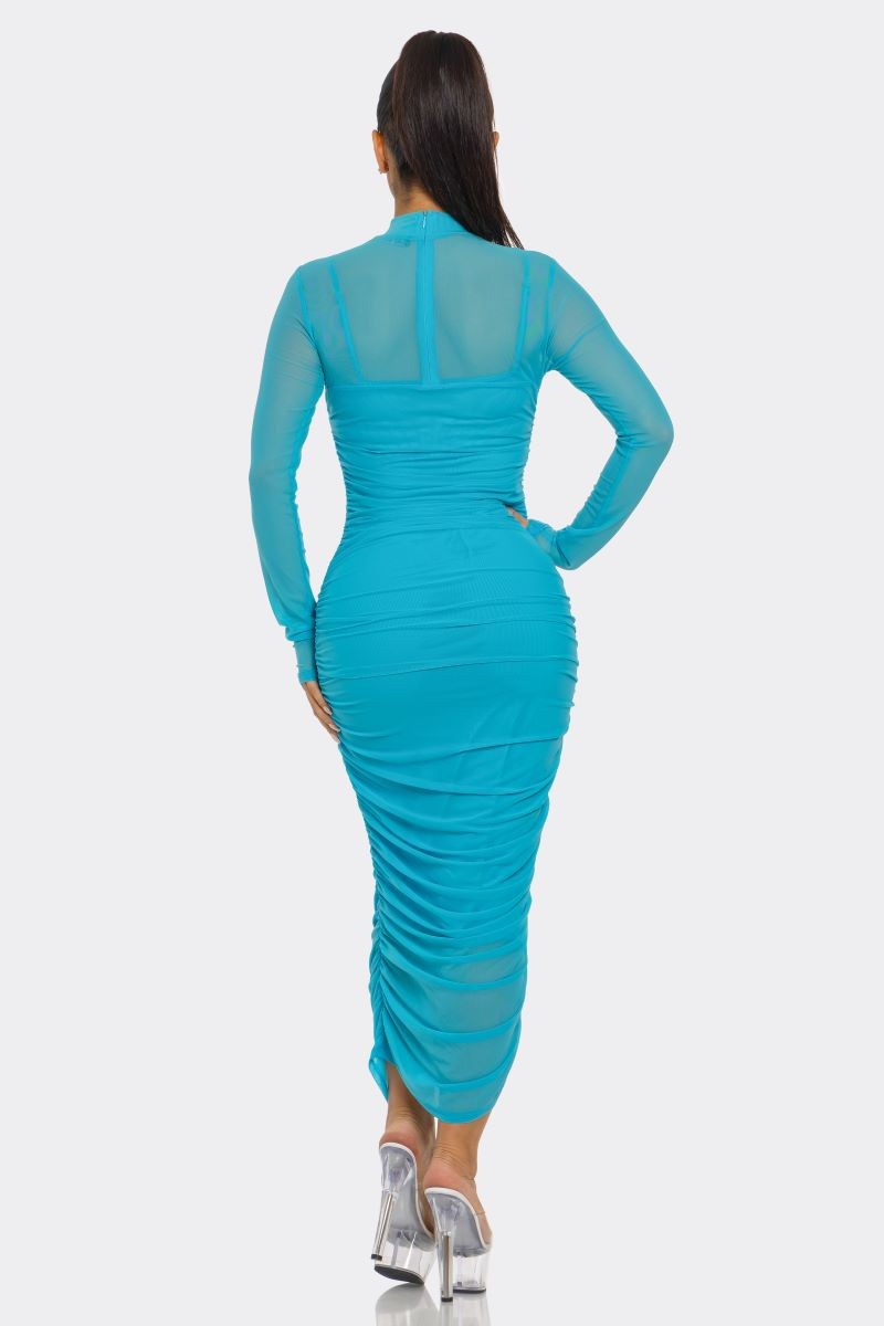 Solid Mesh Ruched Midi Dress- Multiple Colors