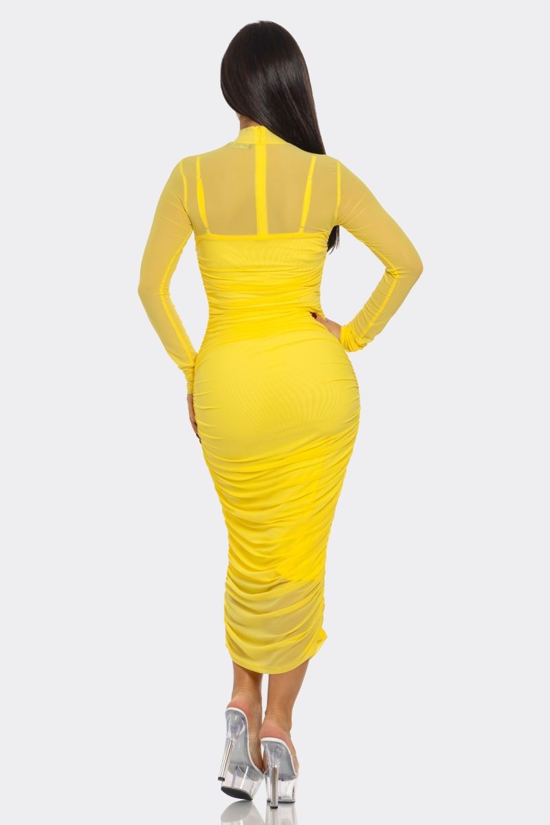 Solid Mesh Ruched Midi Dress- Multiple Colors