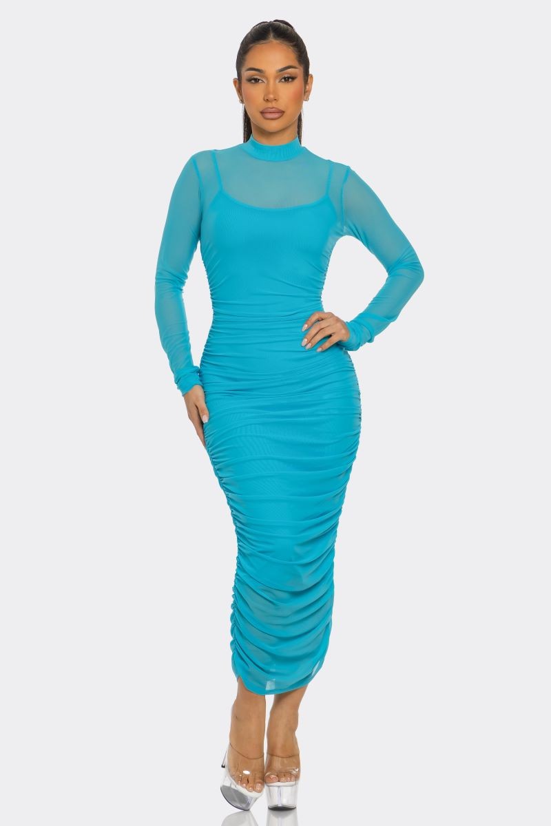 Solid Mesh Ruched Midi Dress- Multiple Colors