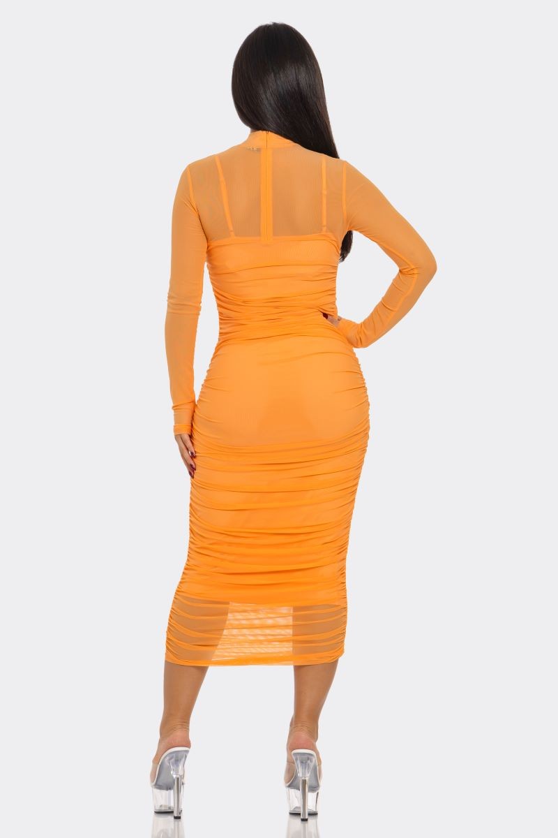 Solid Mesh Ruched Midi Dress- Multiple Colors
