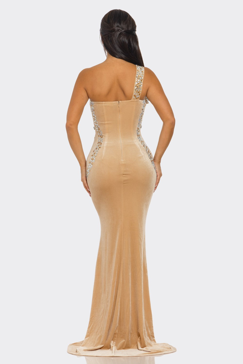 Velvet & Rhinestone Maxi Dress Angled Shoulder Strap- Nude