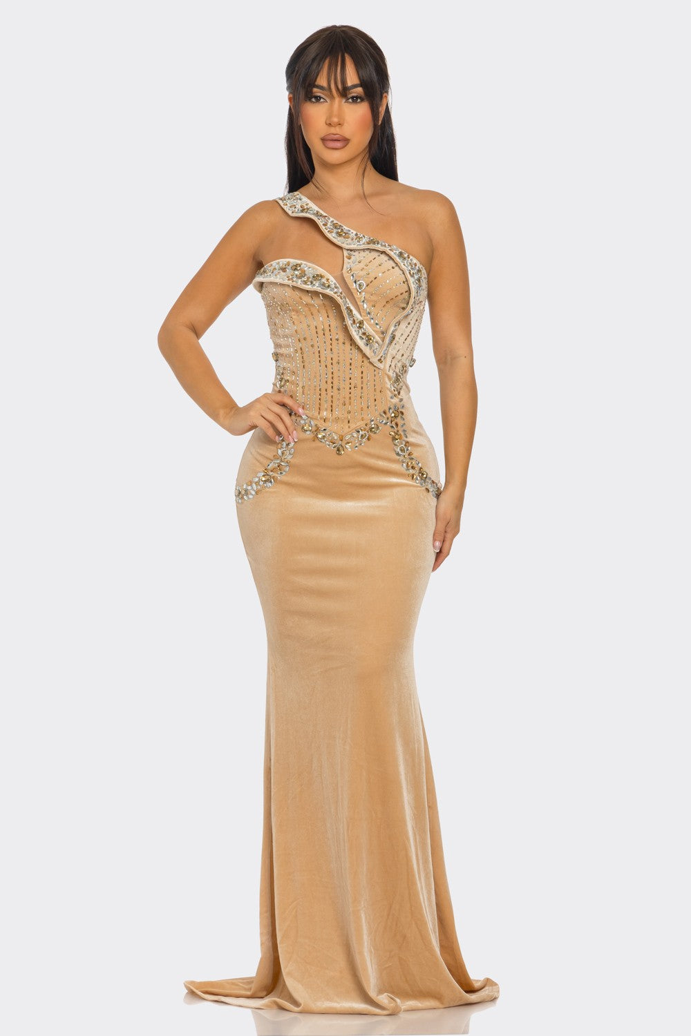 Velvet & Rhinestone Maxi Dress Angled Shoulder Strap- Nude