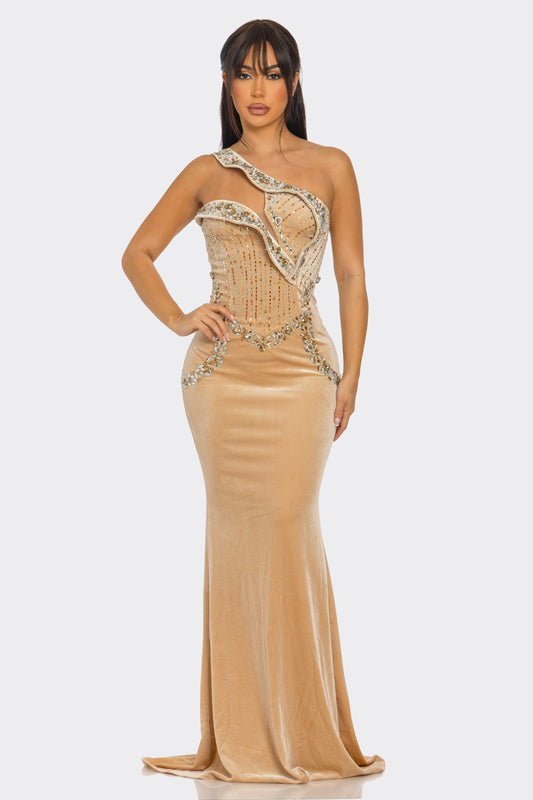 Velvet & Rhinestone Maxi Dress Angled Shoulder Strap- Nude